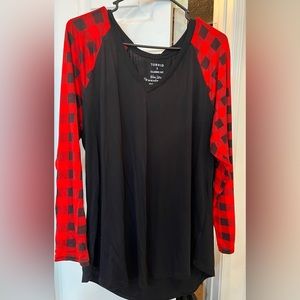 Torrid Black Top with Red Checkered Sleeves